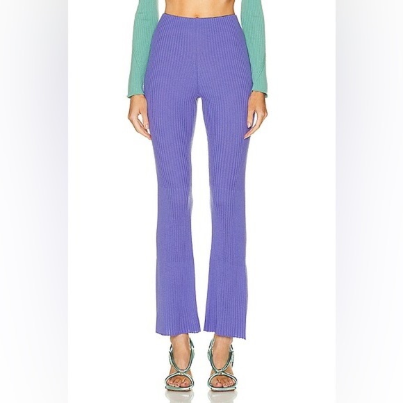 WOLFORD Wool Rib-knit Flared Trousers In Iris Bloom - Picture 1 of 8